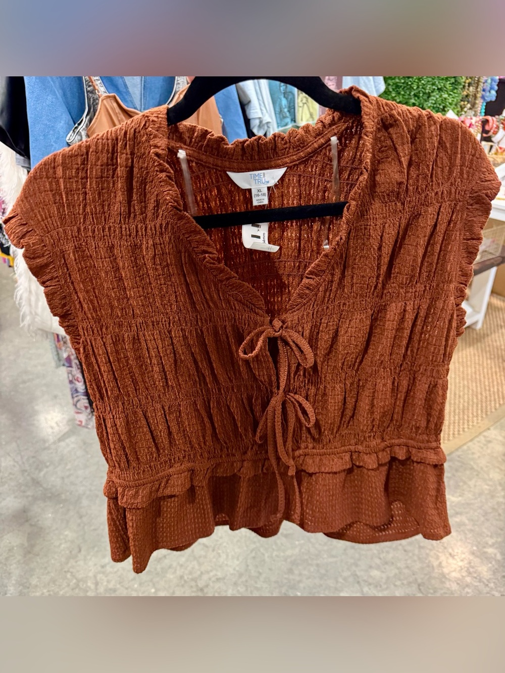 Time and Tru Rust Tie-Front Crinkle Ruffle Top